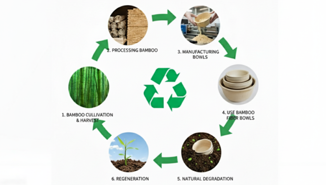 Full life cycle of disposable bamboo fiber bowls – from bamboo cultivation, processing, manufacturing, use, to natural degradation in 60-90 days.