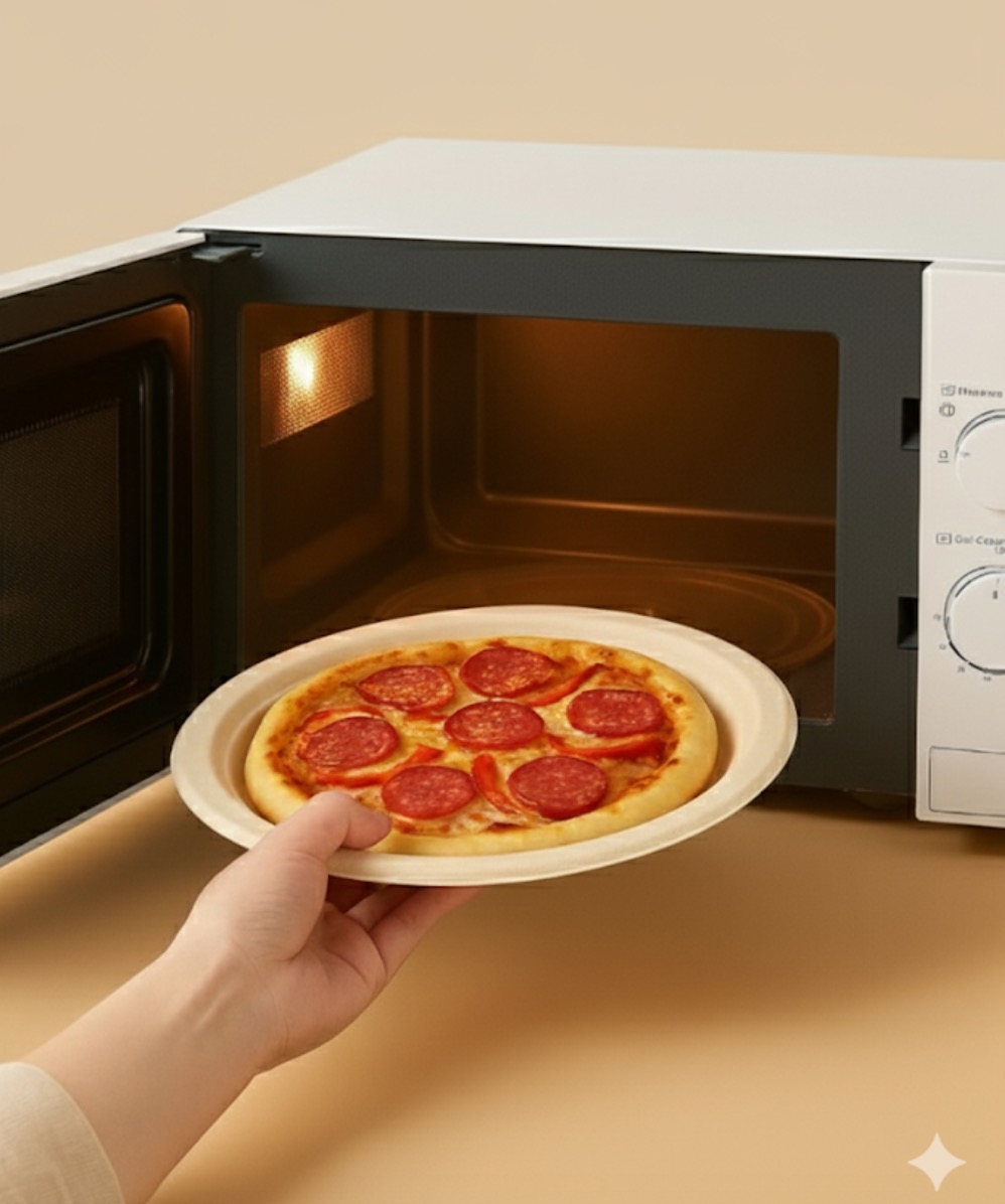 Microwave-safe bamboo plate with pepperoni pizza