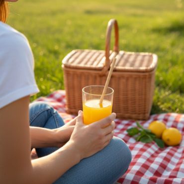 Eco-friendly bamboo fiber straw used for juice at a picnic in nature