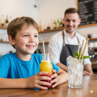 Eco-friendly bamboo fiber straws used in a family-friendly cafe for refreshing beverages