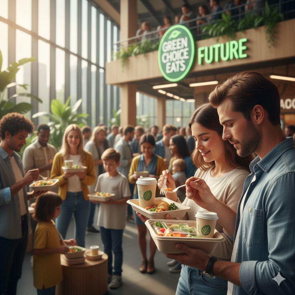 Crowd enjoying eco-friendly bamboo tableware at food event