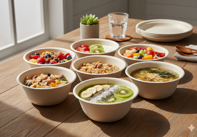 Assorted bamboo bowls with cereals, soup, and fruits