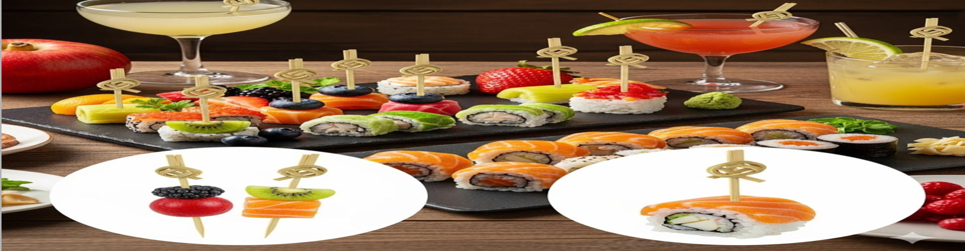 Assorted sushi and fruit bites elegantly served with bamboo knot skewers on a wooden table with cocktails.