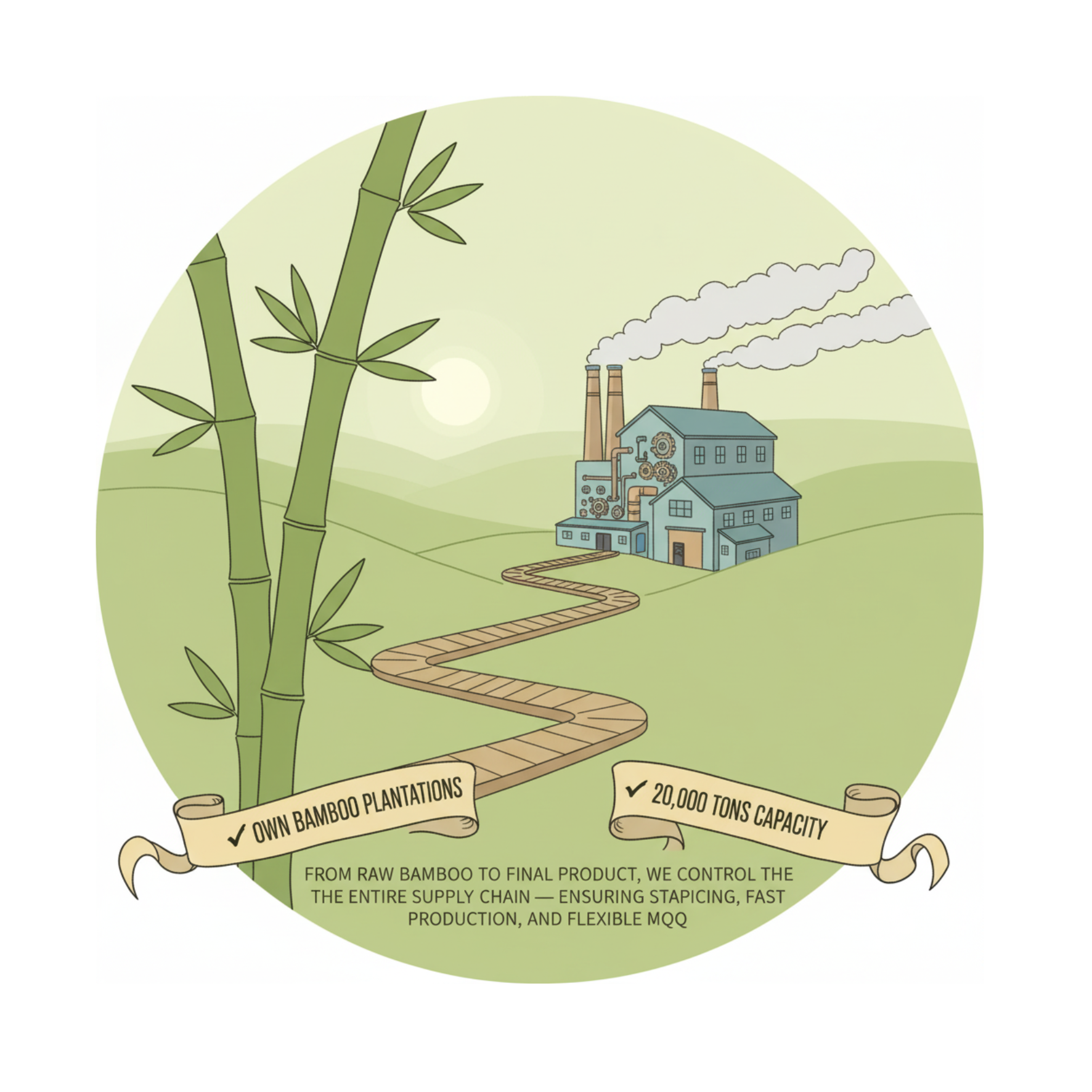 Illustration showing PANABAM’s own bamboo plantations and factory production capacity of 20,000 tons per year, representing full supply chain control.