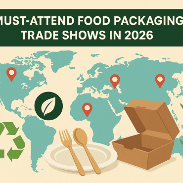 Must-attend food packaging trade shows in 2026 with world map, bamboo cutlery, sustainable packaging, and eco-friendly icons.