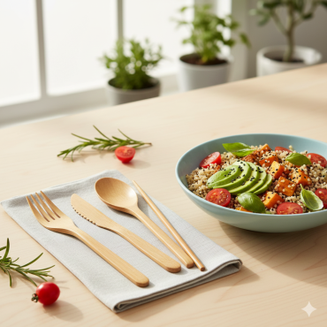 Overhead shot of eco-friendly bamboo cutlery set (fork, knife, spoon, chopsticks) on a linen napkin, next to a healthy quinoa salad with avocado, cherry tomatoes, and basil on a light wooden table, with rosemary sprigs and small tomatoes as garnish. Soft natural light creates dappled shadows.