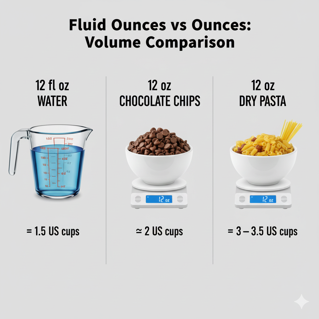 p12 oz Volume Comparison – Water, Chocolate Chips & Dry Pasta (Fl oz vs oz)