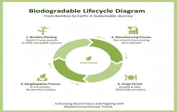 PANABAM biodegradable bamboo tableware lifecycle diagram illustrating the circular process: renewable bamboo growth, chemical-free production, FDA/LFGB compliant usage, and natural decomposition within 3-6 months.