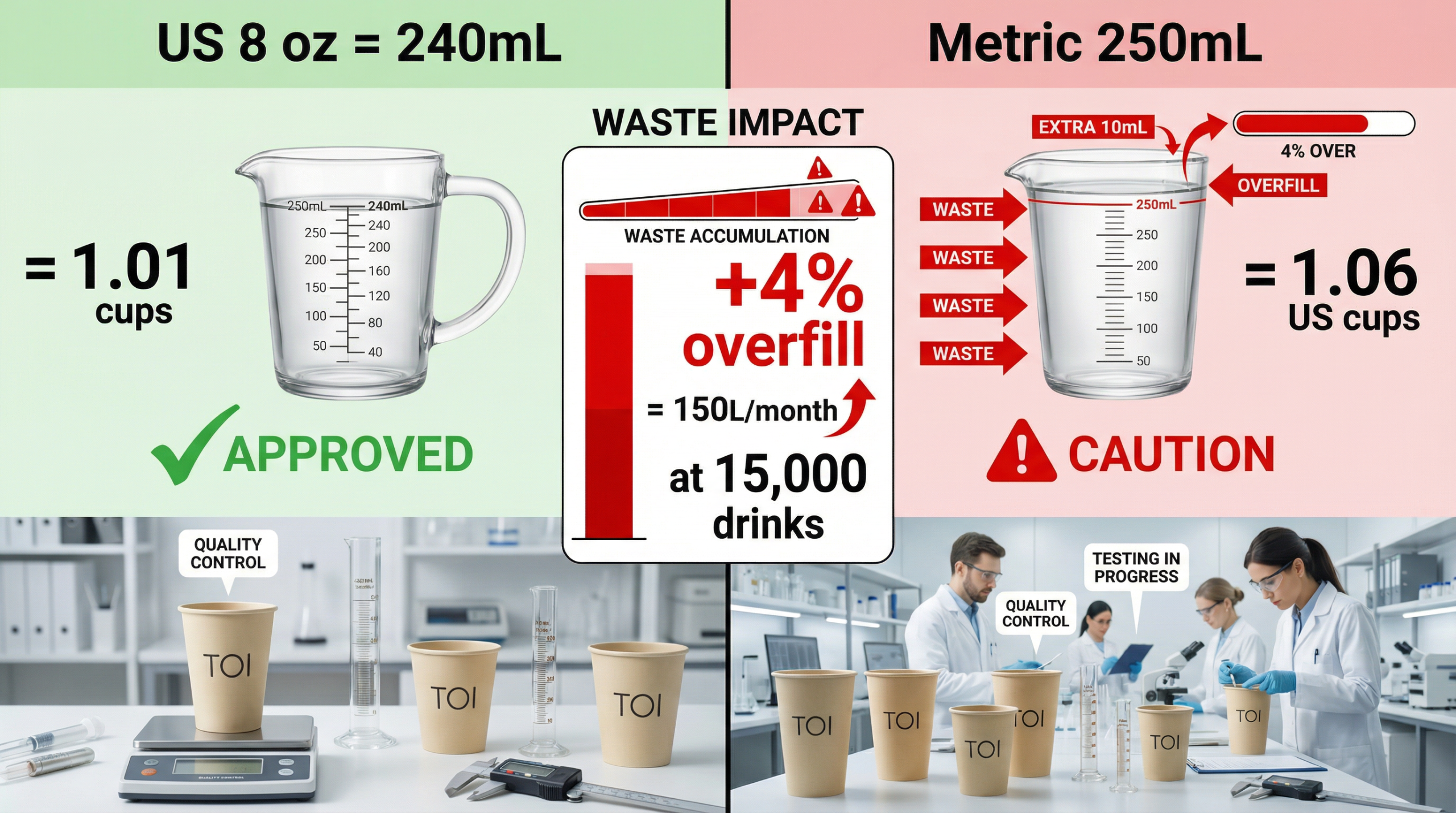 240 mL vs 250 mL US Cup vs Metric Cup Overfill Waste Impact