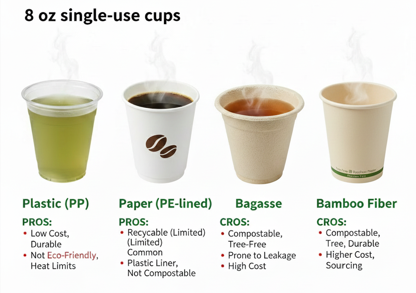 8 oz Single-Use Cups – Material Comparison Plastic vs Paper vs Bagasse vs Bamboo Fiber