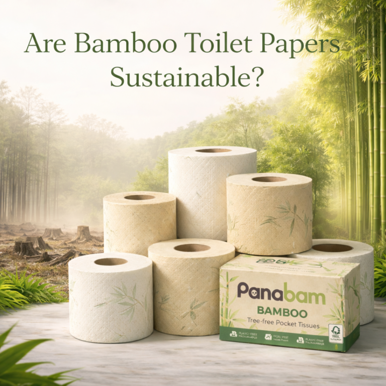 Stack of bamboo toilet paper and pocket tissues with Panabam branding, showing contrast between deforested land and lush bamboo forest.