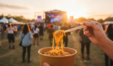 Bamboo chop-fork lifting noodles from a takeaway bowl at an outdoor event, showcasing a sustainable, plastic-free utensil for festivals and foodservice use.