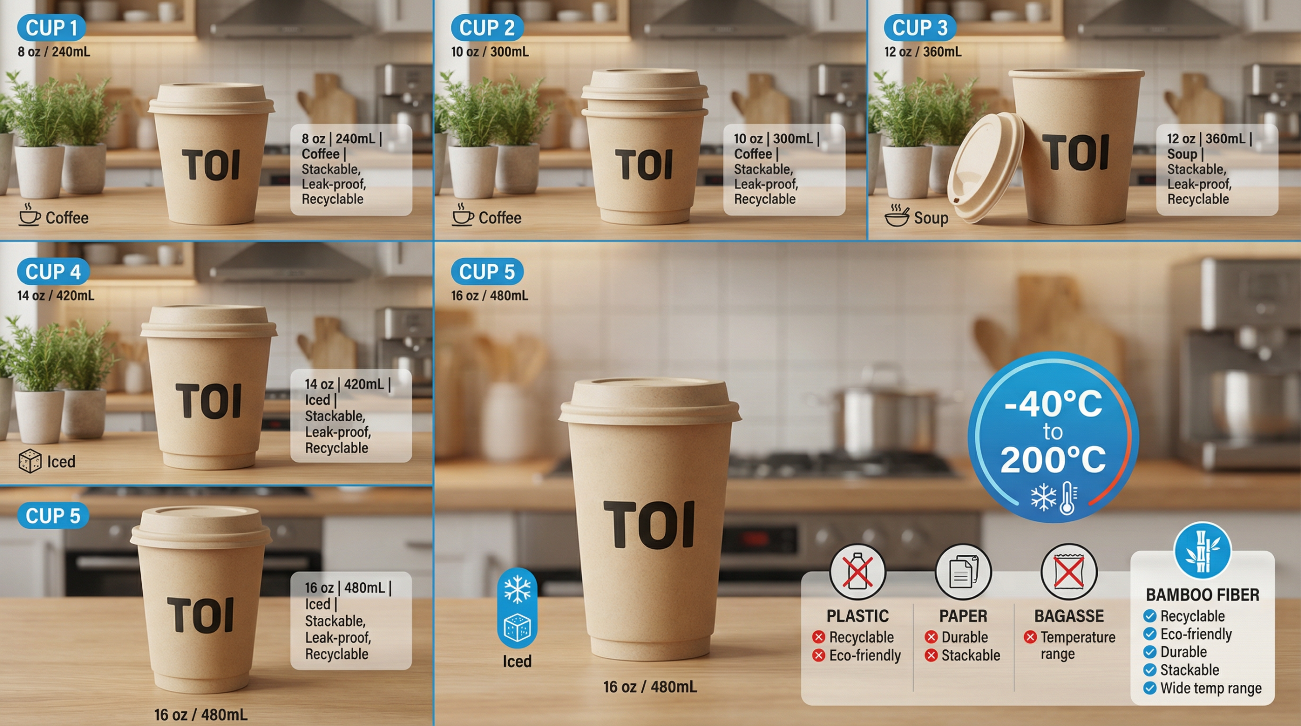 Bamboo Fiber Cup Size Chart 8–16 Oz with Temperature Range