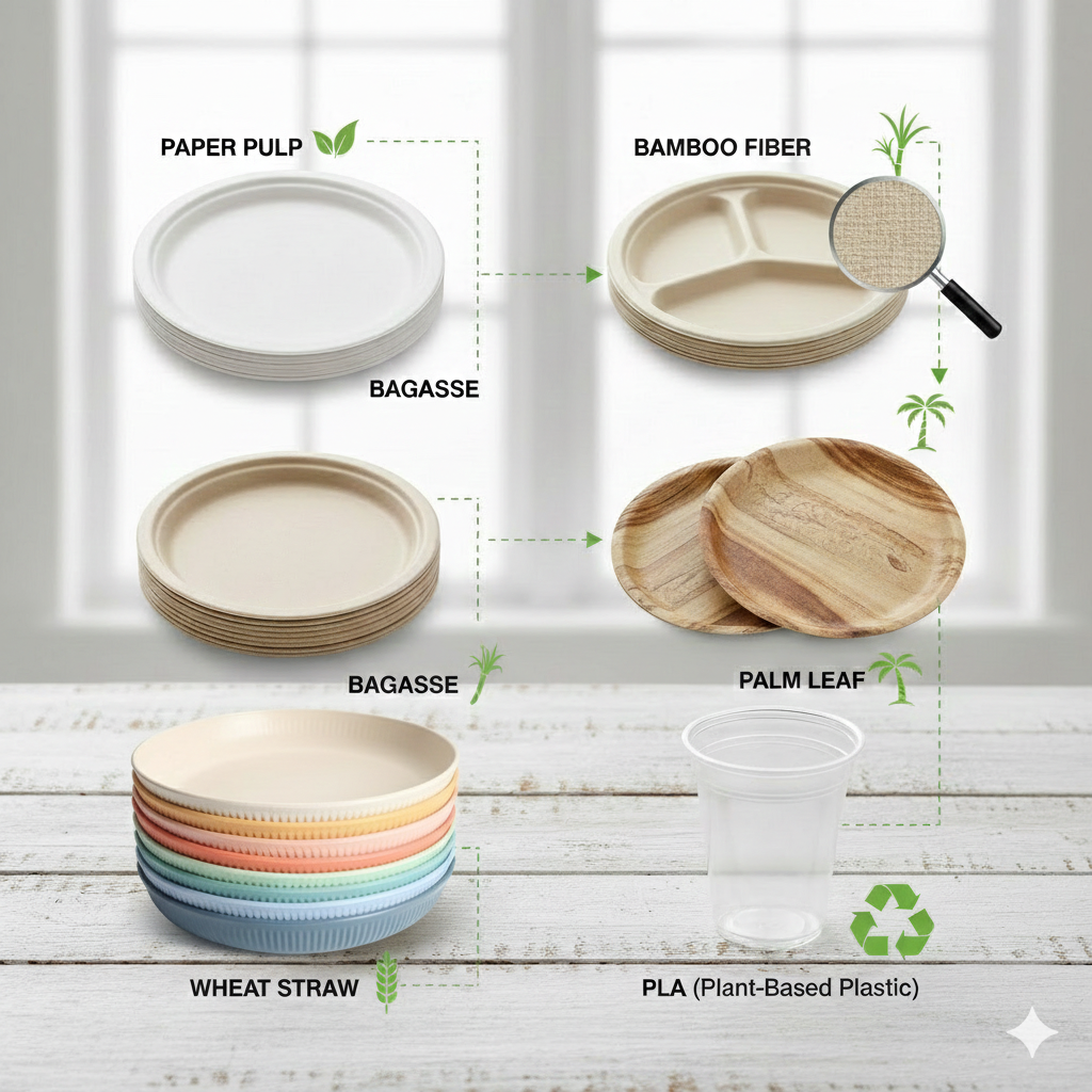 Biodegradable Tableware Materials Comparison: Paper Pulp, Bagasse, Bamboo Fiber, Palm Leaf, Wheat Straw, and PLA