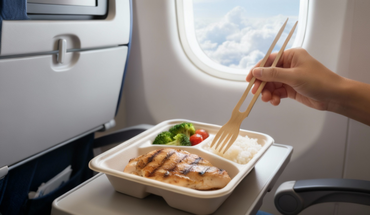 Natural bamboo chop-forks (fork and chopstick hybrid) shown individually and placed across a compostable takeout salad box, highlighting innovative, 100% biodegradable, disposable cutlery.