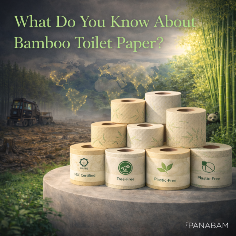 Stack of FSC certified, tree-free, plastic-free bamboo toilet paper rolls with a background showing deforestation and bamboo forest contrast
