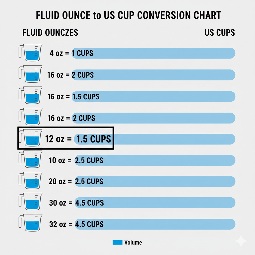 Fluid Ounces to Cups Chart – 12 oz = 1.5 Cups Highlighted