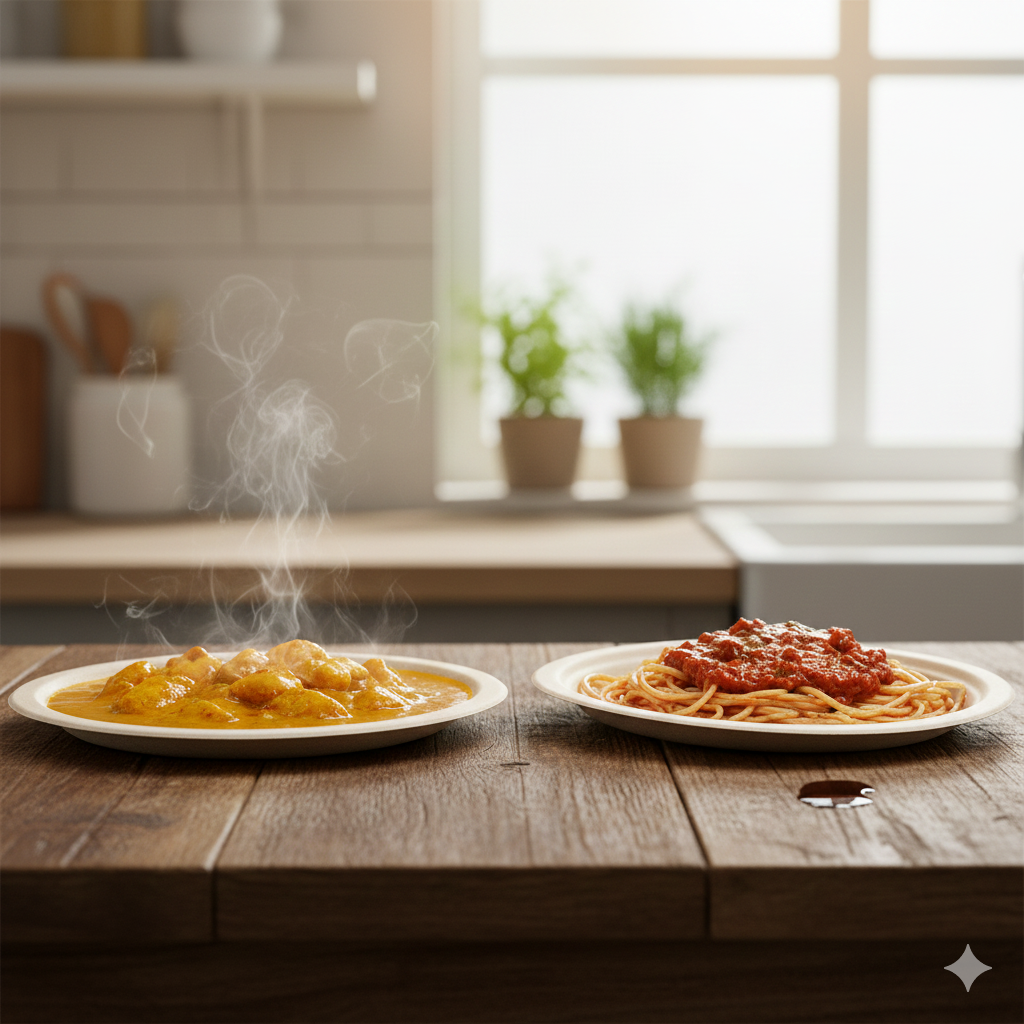Hot Meals on Biodegradable Bamboo Fiber Plates Curry and Spaghetti