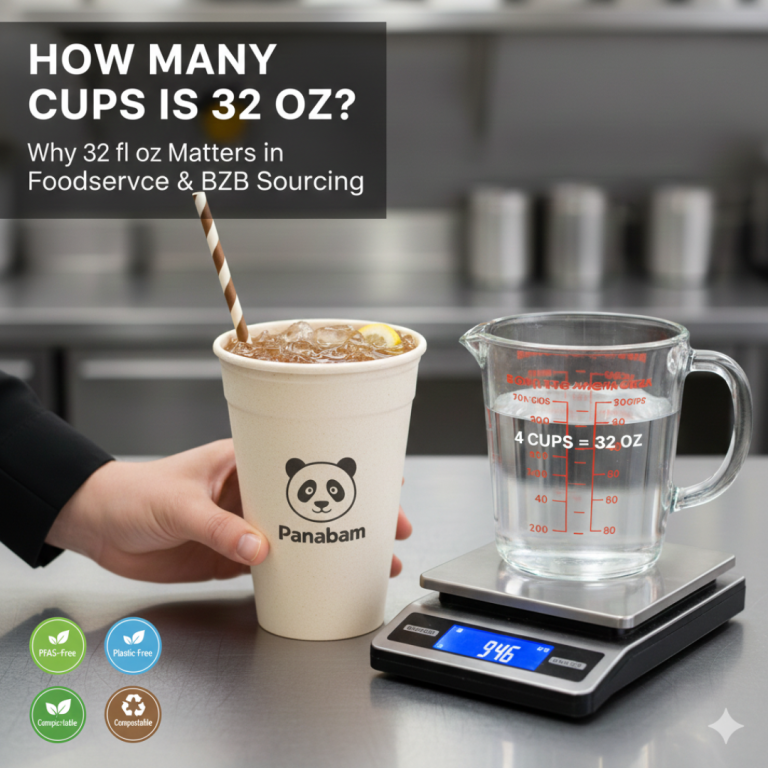 Hand holding a 32 oz compostable bamboo cup filled with iced drink next to a measuring jug marked “4 cups = 32 oz” on a digital scale reading 946 g.