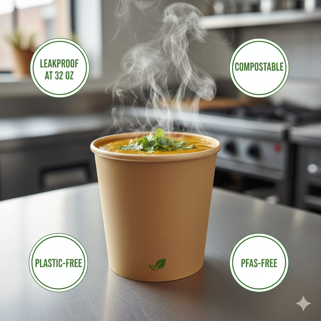 Leakproof 32 oz Compostable Bamboo Cup – For Hot Soups & Sustainable Foodservice