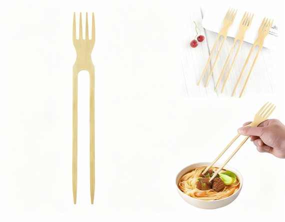 Bamboo chop-fork isolated on white background with lifestyle view