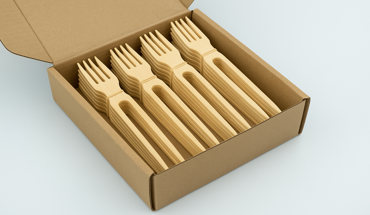 Bamboo chop-forks neatly packed in recyclable kraft paper box, eco-friendly bulk packaging