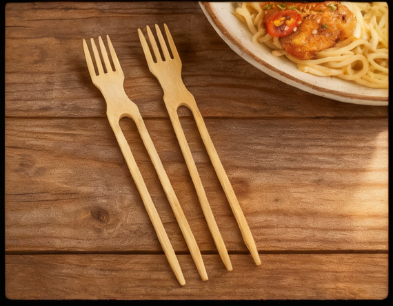 Bamboo chop-fork on rustic wooden table beside noodles dish, eco-friendly bamboo utensil