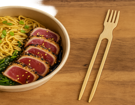 Bamboo chop-fork beside bowl of noodles and tuna slices on wooden table