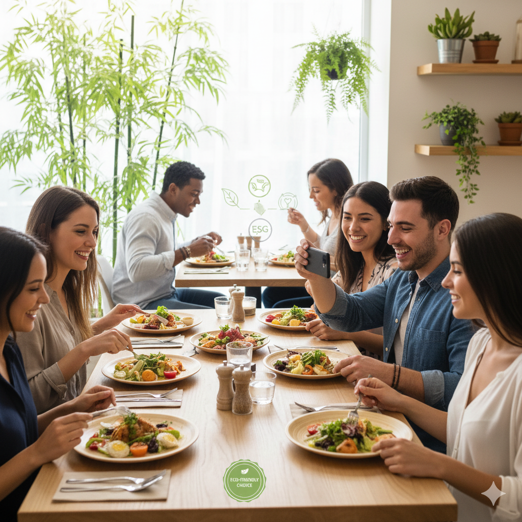 People Enjoying Meals on Eco-Friendly Bamboo Fiber Plates in a Restaurant - ESG Values