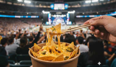 Natural bamboo chop-forks (fork and chopstick hybrid) shown individually and placed across a compostable takeout salad box, highlighting innovative, 100% biodegradable, disposable cutlery.