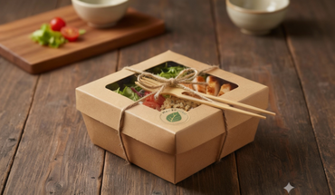 Two natural bamboo chop-forks on a light background, highlighting the innovative 4-tine fork design and 100% compostable disposable cutlery, also shown placed on an eco-friendly takeout meal box.