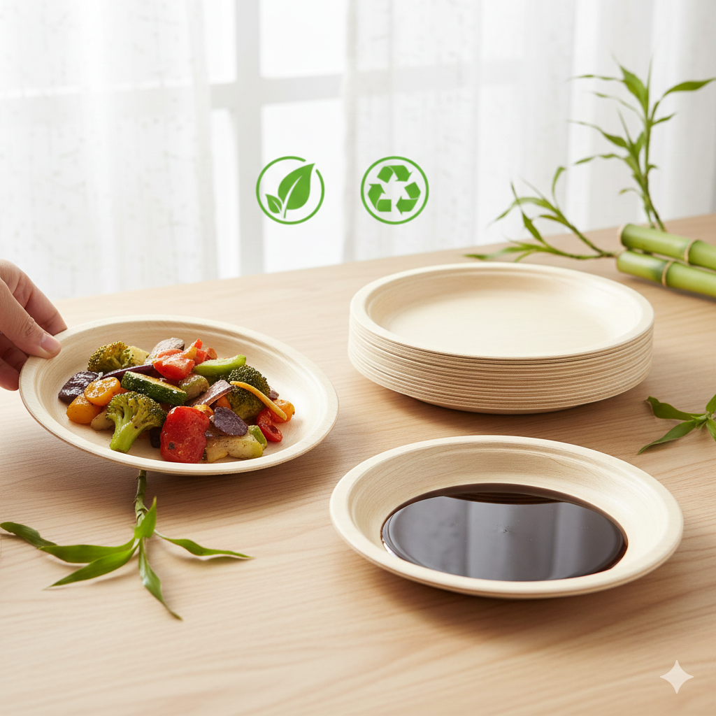 Serving Vegetables on Eco-Friendly Bamboo Fiber Plates – Biodegradable and Recyclable