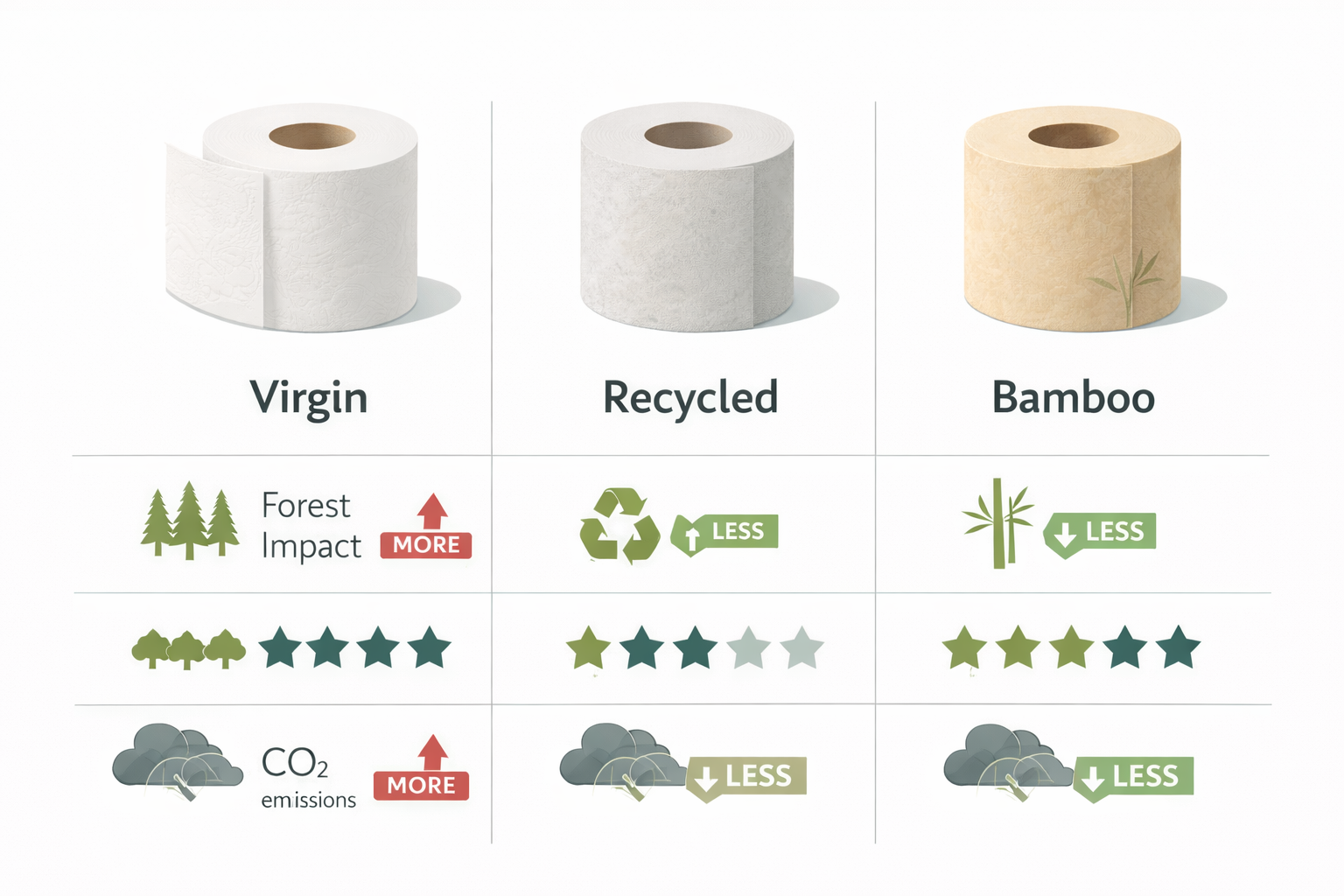 Toilet Paper Comparison: Virgin vs Recycled vs Bamboo – Forest Impact, Softness & Emissions