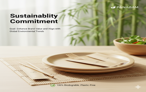 PANABAM 100% biodegradable bamboo tableware set displayed on a wooden table with a fresh bamboo background, illustrating the brand's sustainability commitment and zero-plastic goal.