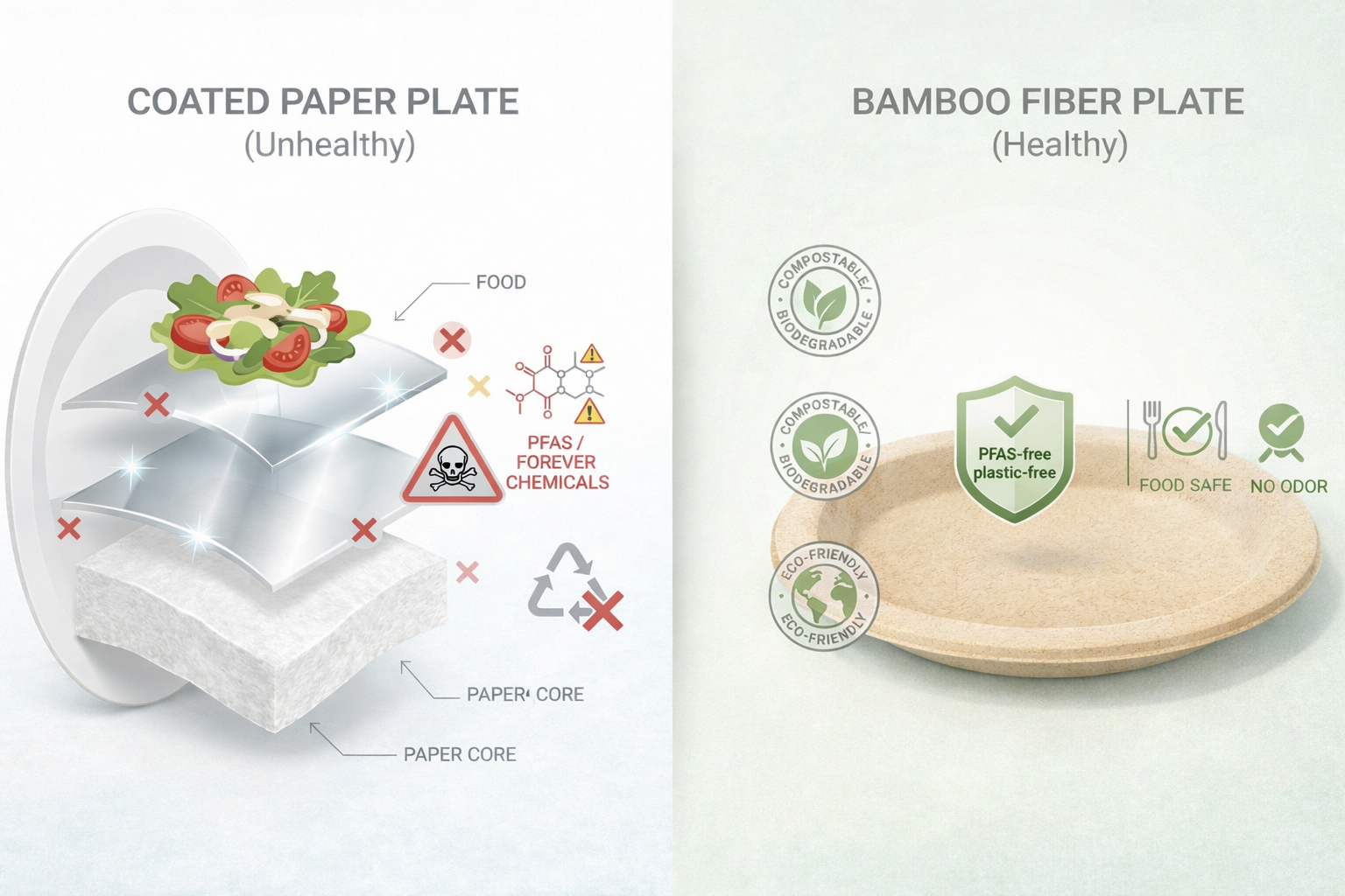 Coated Paper vs Bamboo Fiber Plate: PFAS-Free, Plastic-Free Food-Safe Comparison