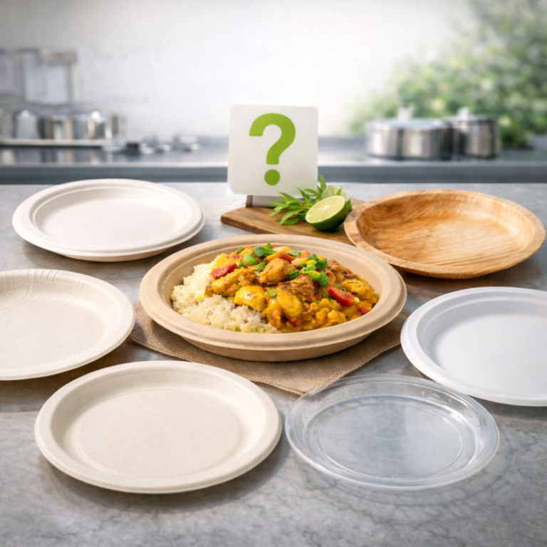Bamboo fiber pulp plates and compostable takeout containers with paper bags on a commercial kitchen prep table.