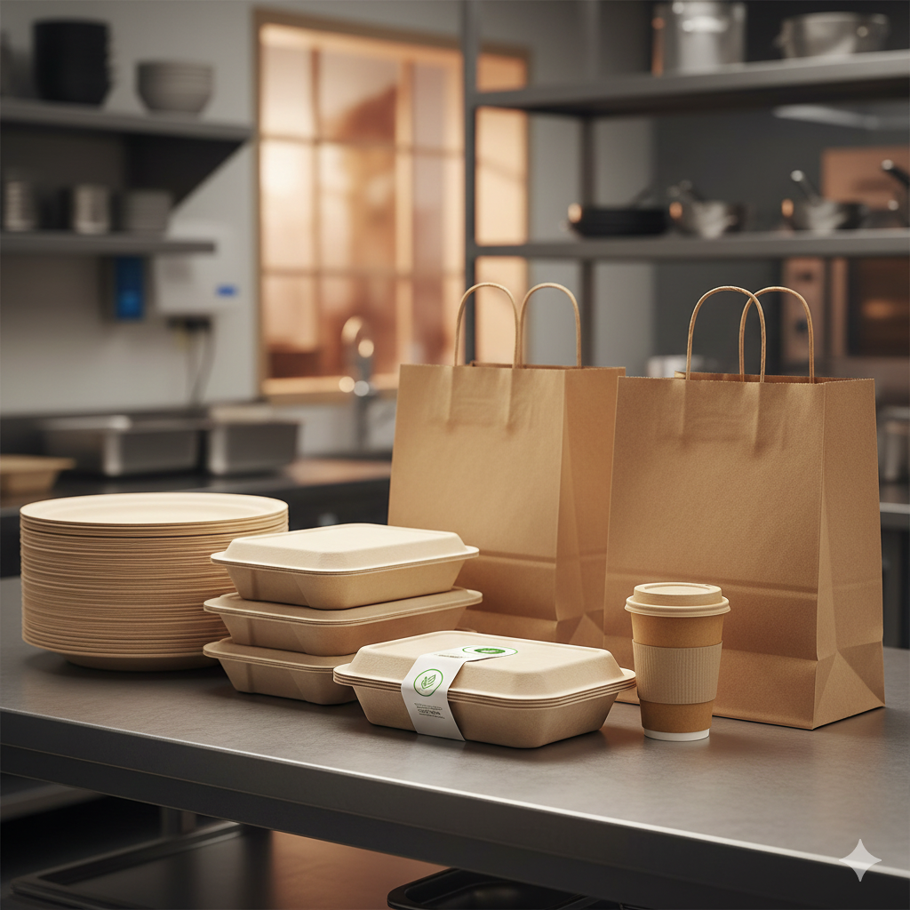 Compostable Takeout Packaging in Commercial Kitchen (Bamboo Fiber Pulp)