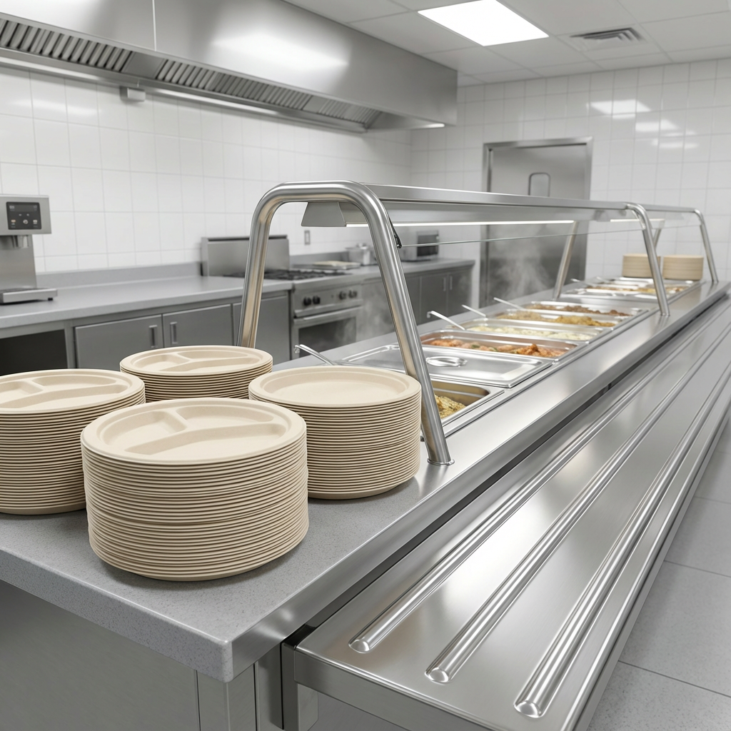 Stacks of uncoated bamboo fiber plates on a clean cafeteria serving line for high-volume foodservice.