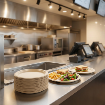 Stack of uncoated bamboo fiber plates on a QSR service counter, ready for restaurant meal service.