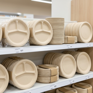 Bamboo fiber disposable plates displayed on a retail shelf, available for bulk purchase and resale.