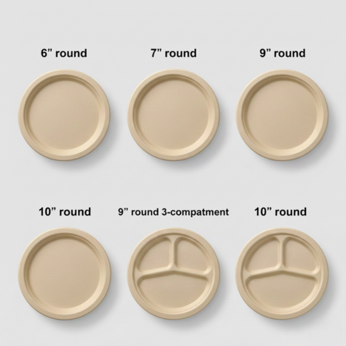 Bamboo fiber plates bulk size guide showing 6, 7, 9, 10 inch round plates plus 9 and 10 inch 3-compartment options.