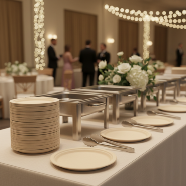 Bamboo fiber plates wholesale for wedding catering, set on an elegant buffet table for events.