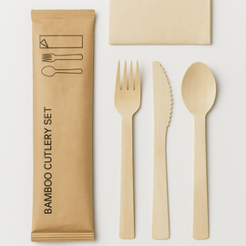 Bamboo cutlery set wholesale with fork, knife, spoon and napkin in kraft paper sleeve