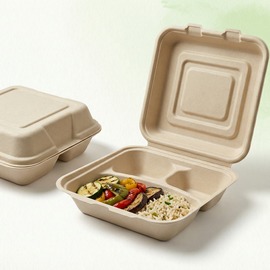 Bamboo fiber clamshell takeout box wholesale, open and closed molded pulp food container