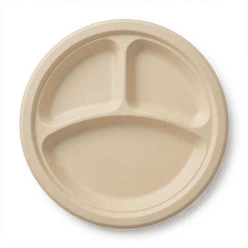 10 inch round bamboo fiber plate, 3 compartment, uncoated PFAS-free, top view