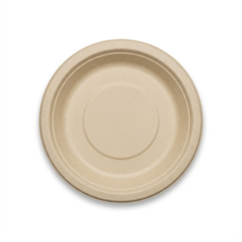 6 inch round bamboo fiber plate, single compartment, uncoated natural beige, top view