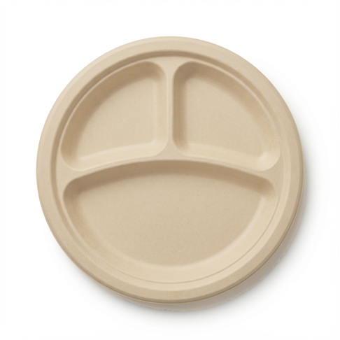 9 inch round bamboo fiber plate, 3 compartment, uncoated natural beige, top view