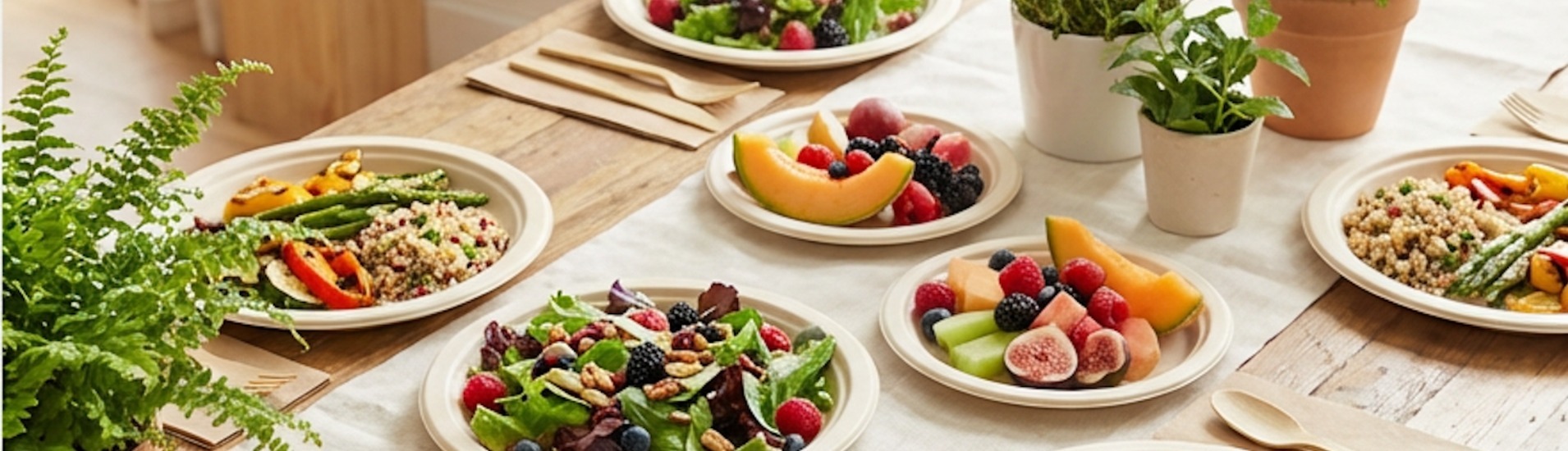 Bamboo fiber plates bulk & wholesale on a bright dining table with salads and fruit (eco disposable tableware)