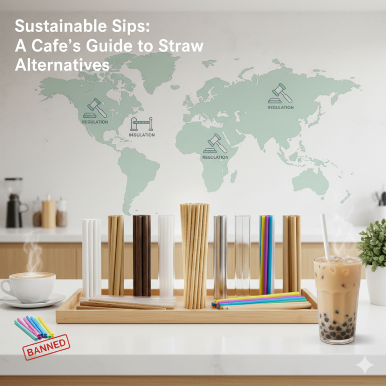 Blog cover showing a café guide to plastic straw alternatives with multiple straw types on a tray, a world map highlighting regulation, and a “BANNED” stamp on plastic straws