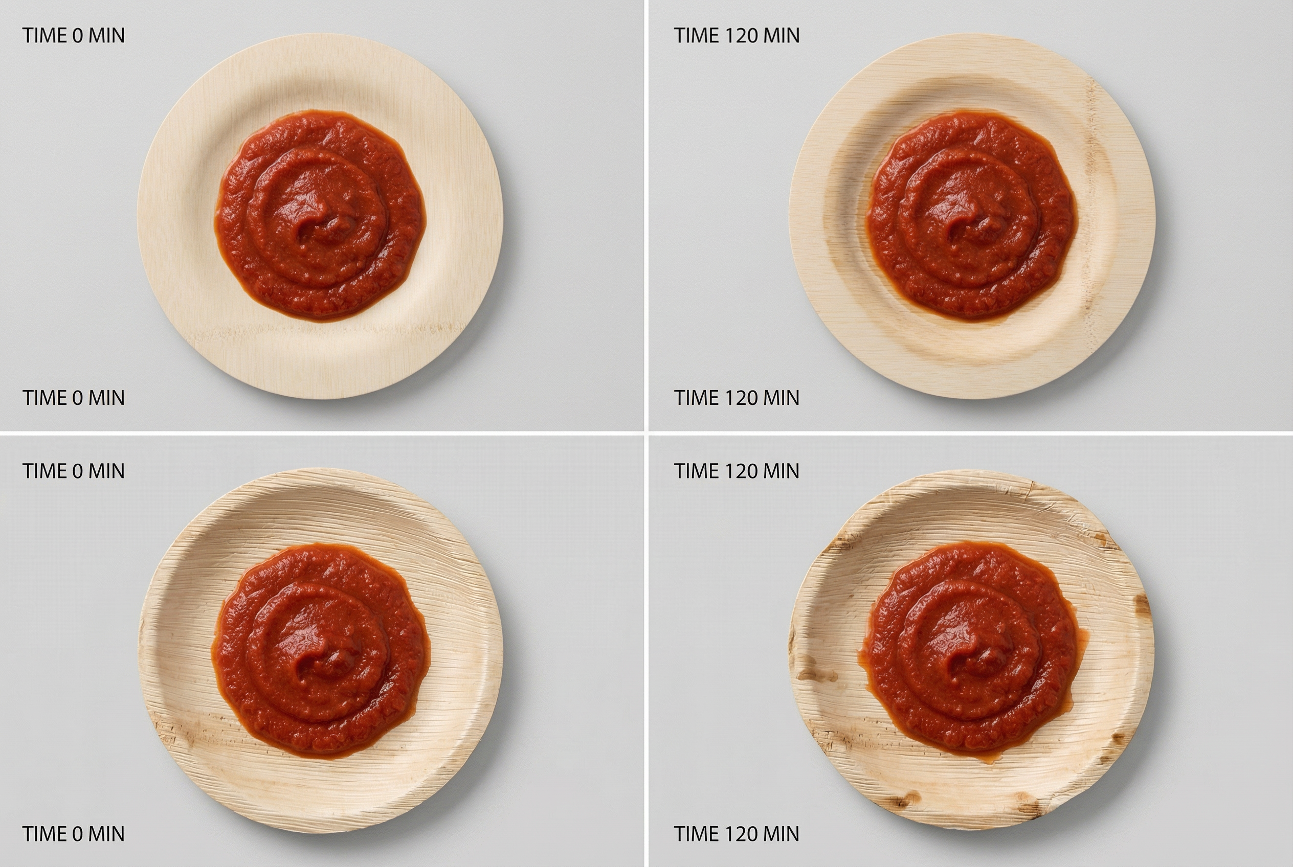 Sauce Exposure Test – Bamboo Veneer vs Palm Leaf (0 vs 120 min)
